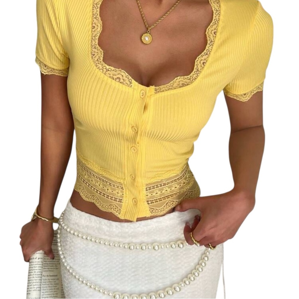 Yellow Lace-Trim Ribbed Crop Top - Picture 4 of 8